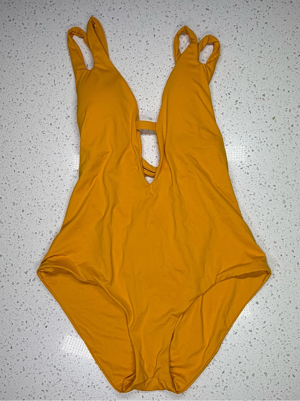 BECCA Mustard Yellow Plunge One-Piece Swimsuit Strapped back NWT